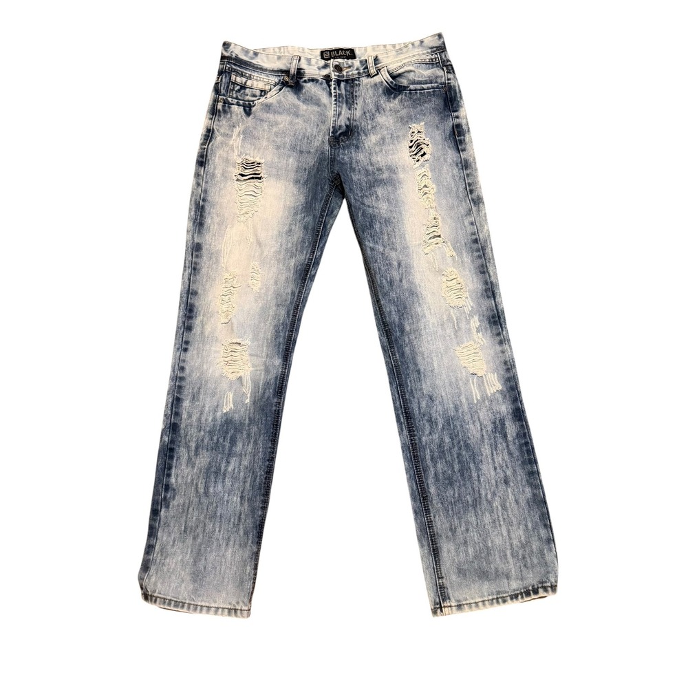 Black Premium Mens Relaxed Straight Distressed Acid Wash Jeans Size 34x32‎